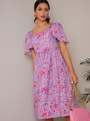 Chi Chi London Purple Square Neck Ditsy Floral Midi Dress - Image 3 of 4