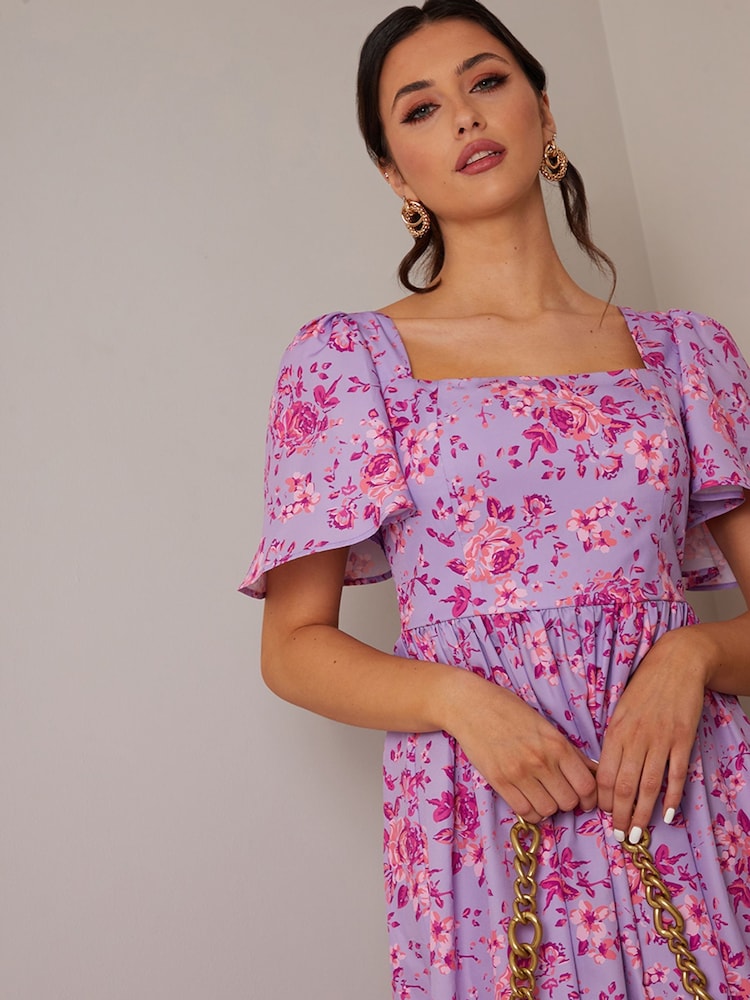 Chi Chi London Purple Square Neck Ditsy Floral Midi Dress - Image 4 of 4