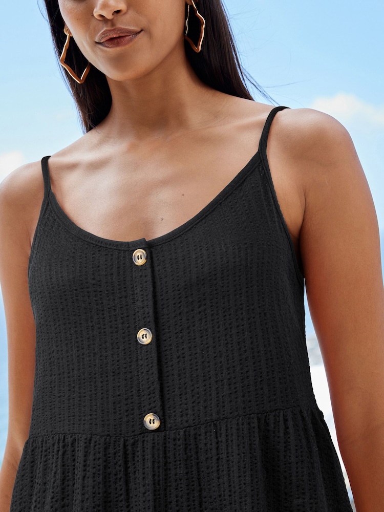 Black Button Down 100% Cotton Cami Summer Dress - Image 3 of 5
