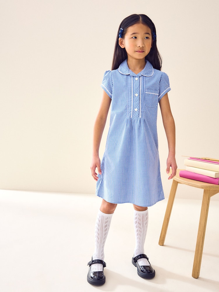 Azul medio - Vestido escolar de cuadros con encaje y parte delantera abotonada de algodón (3 a 14 años) - Imagen 1 de 6