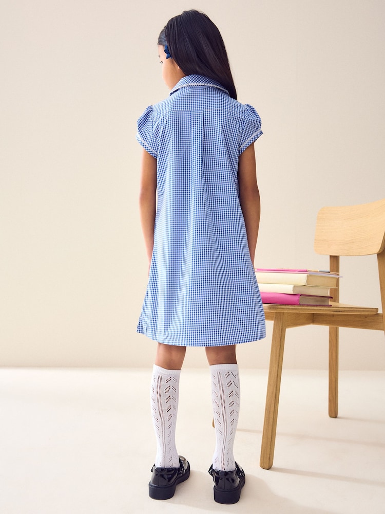 Mid Blue Cotton Rich Button Front Lace Gingham School Dress (3-14yrs) - Image 3 of 6