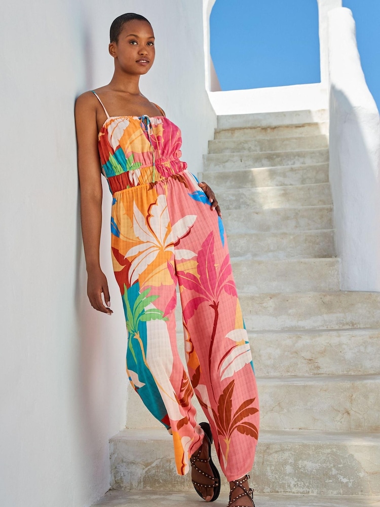 Pink Palm Strappy Jumpsuit - Image 1 of 5