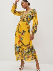 Yellow Floral Cut-Out V-Neck Long Sleeve Midi Dress - Image 1 of 5