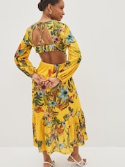 Yellow Floral Cut-Out V-Neck Long Sleeve Midi Dress - Image 2 of 5