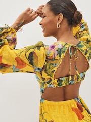 Yellow Floral Cut-Out V-Neck Long Sleeve Midi Dress - Image 3 of 5