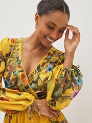 Yellow Floral Cut-Out V-Neck Long Sleeve Midi Dress - Image 4 of 5