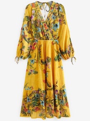 Yellow Floral Cut-Out V-Neck Long Sleeve Midi Dress - Image 5 of 5