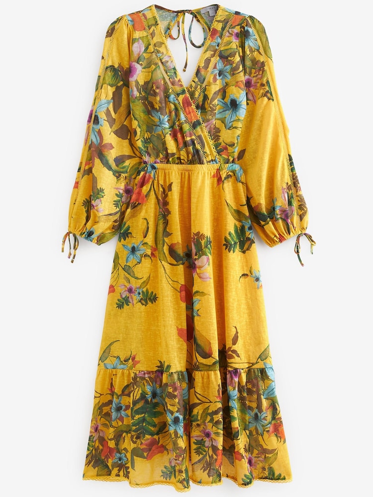 Yellow Floral Cut-Out V-Neck Long Sleeve Midi Dress - Image 5 of 5