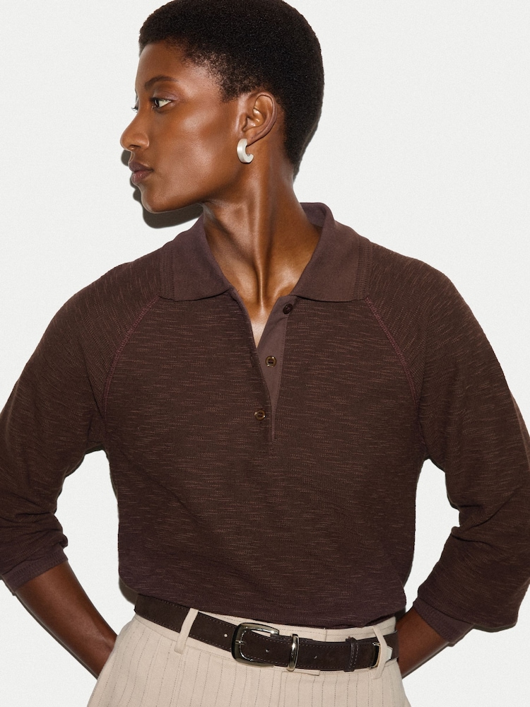 Jigsaw Brown Textured Slub Polo Collar Top - Image 2 of 6