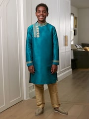 Teal Blue & Gold Regular Length Embroidered Boys Kurta (3-16yrs) - Image 1 of 8