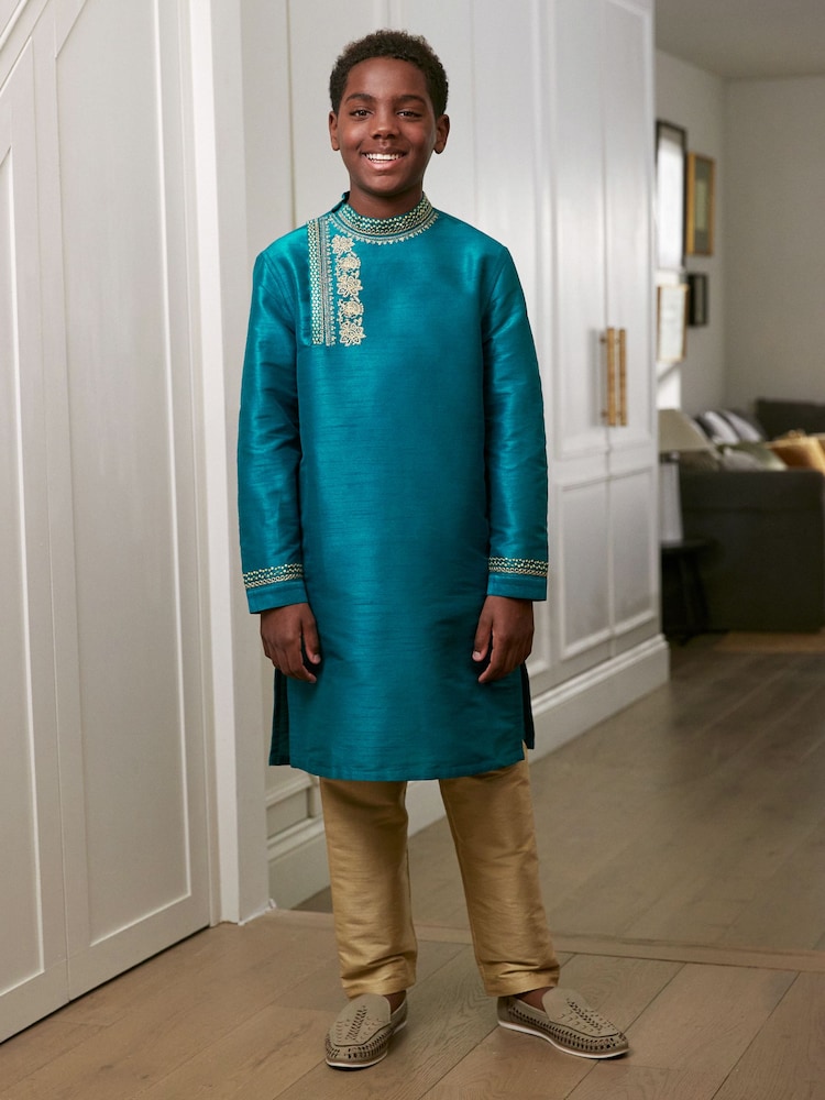 Teal Blue & Gold Regular Length Embroidered Boys Kurta (3-16yrs) - Image 1 of 8