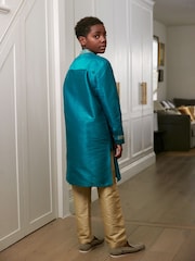 Teal Blue & Gold Regular Length Embroidered Boys Kurta (3-16yrs) - Image 2 of 8