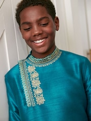 Teal Blue & Gold Regular Length Embroidered Boys Kurta (3-16yrs) - Image 3 of 8