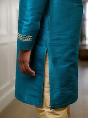 Teal Blue & Gold Regular Length Embroidered Boys Kurta (3-16yrs) - Image 4 of 8