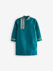 Teal Blue & Gold Regular Length Embroidered Boys Kurta (3-16yrs) - Image 5 of 8