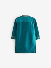 Teal Blue & Gold Regular Length Embroidered Boys Kurta (3-16yrs) - Image 6 of 8