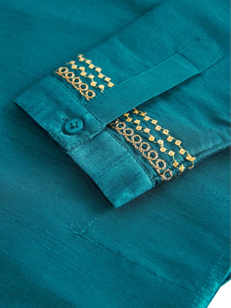Teal Blue & Gold Regular Length Embroidered Boys Kurta (3-16yrs) - Image 8 of 8