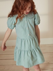 Green Cotton Rich School Gingham Tiered Pretty Collar Dress (3-14yrs) - Image 1 of 6
