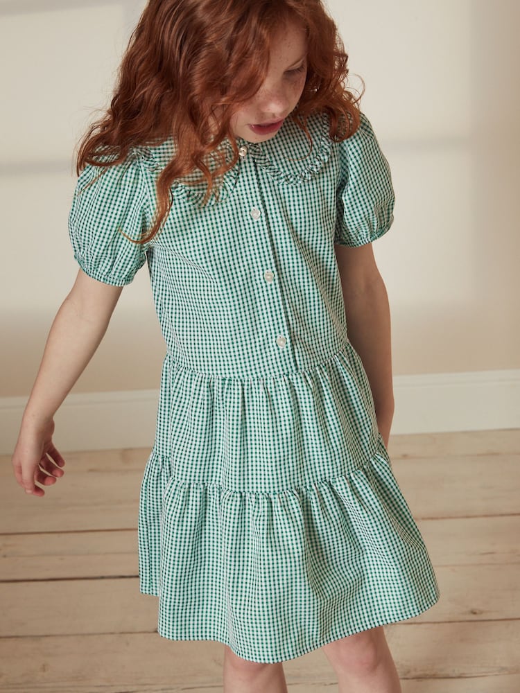 Green Cotton Rich School Gingham Tiered Pretty Collar Dress (3-14yrs) - Image 1 of 6