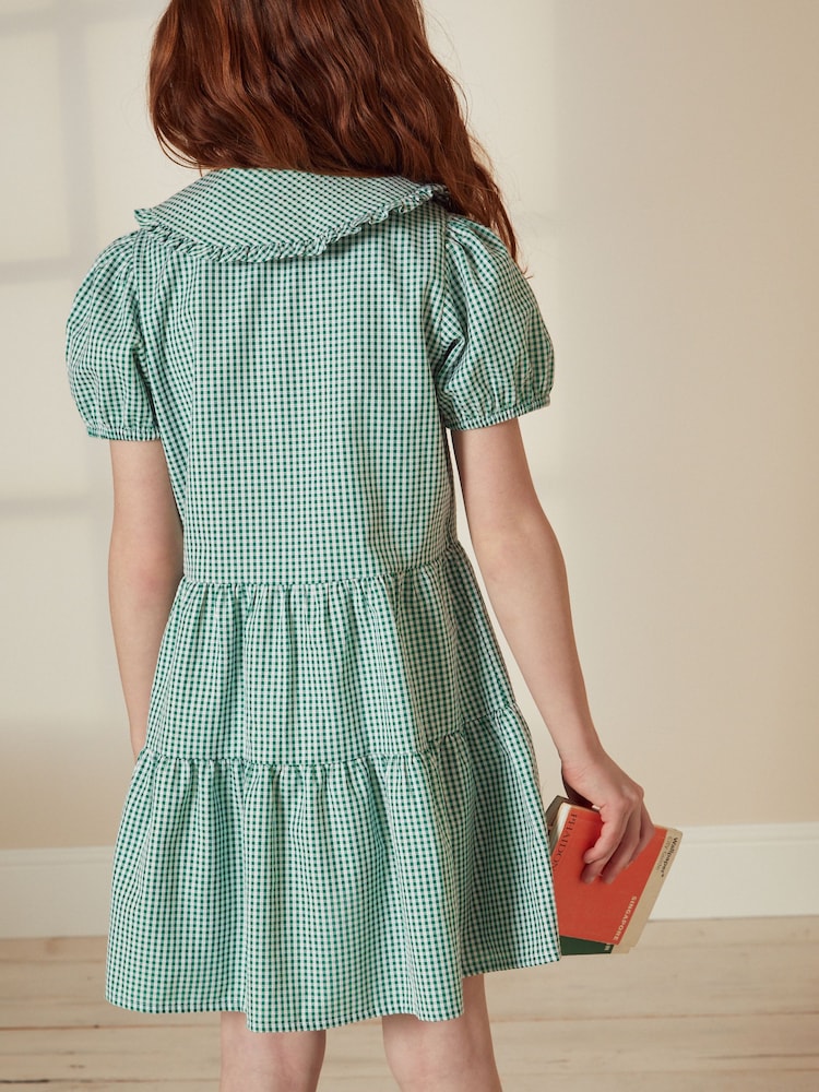 Green Cotton Rich School Gingham Tiered Pretty Collar Dress (3-14yrs) - Image 2 of 6