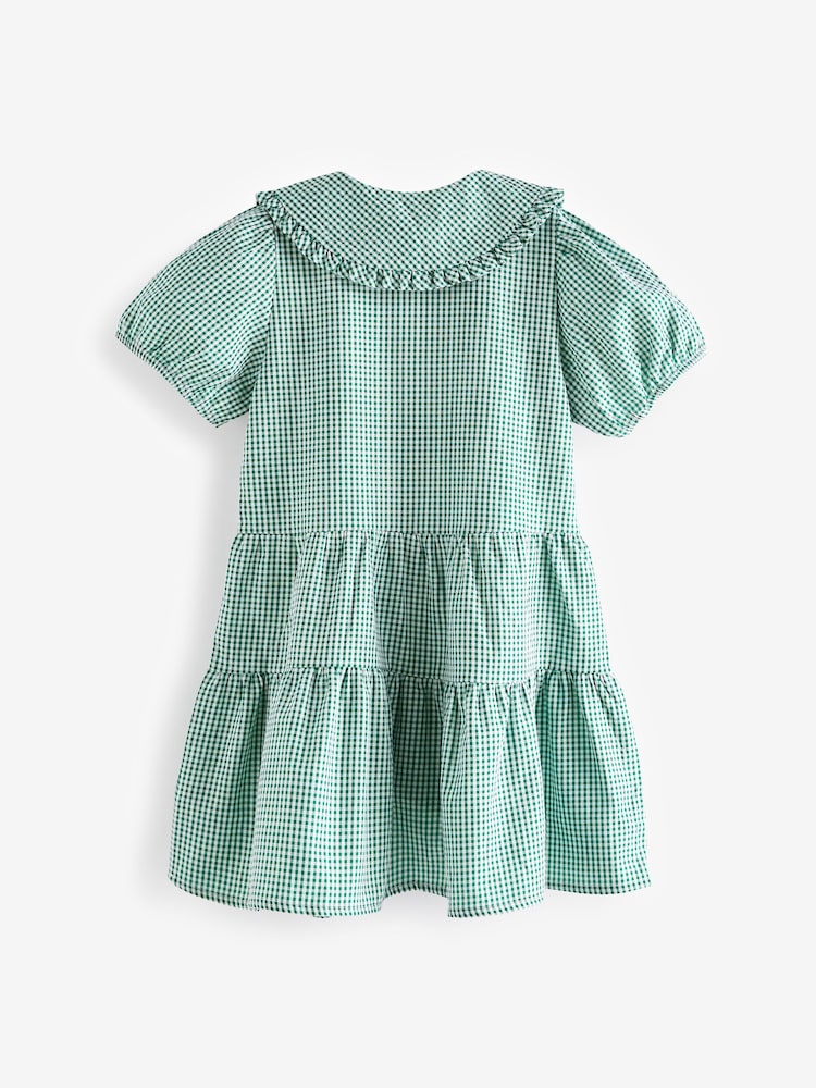 Green Cotton Rich School Gingham Tiered Pretty Collar Dress (3-14yrs) - Image 7 of 7