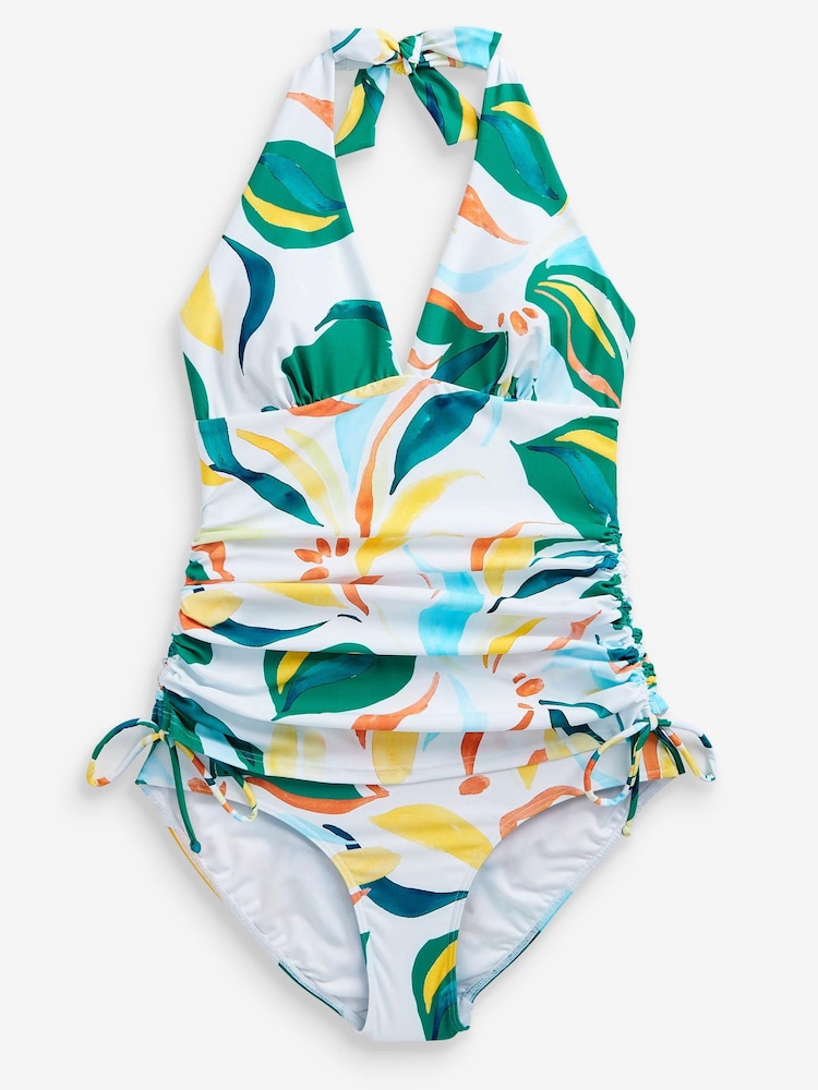 White Tropical Ruched Tummy Control Plunge Swimsuit - Image 5 of 5 White Tropical Ruched Tummy Control Plunge Swimsuit - Image 5 of 5