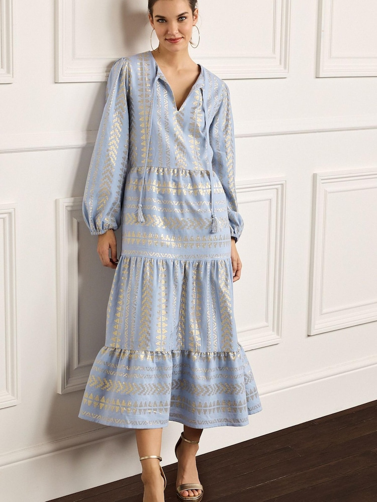 Bledo modra kovinska - Srednje dolga kaftan obleka iz žakarja - Slika 1 iz 4 Bledo modra kovinska - Srednje dolga kaftan obleka iz žakarja - Slika 1 iz 4