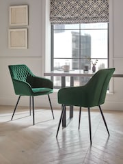 Set of 2 Soft Velvet Emerald Green Hamilton Black Leg Quilted Dining Chairs - Image 1 of 10