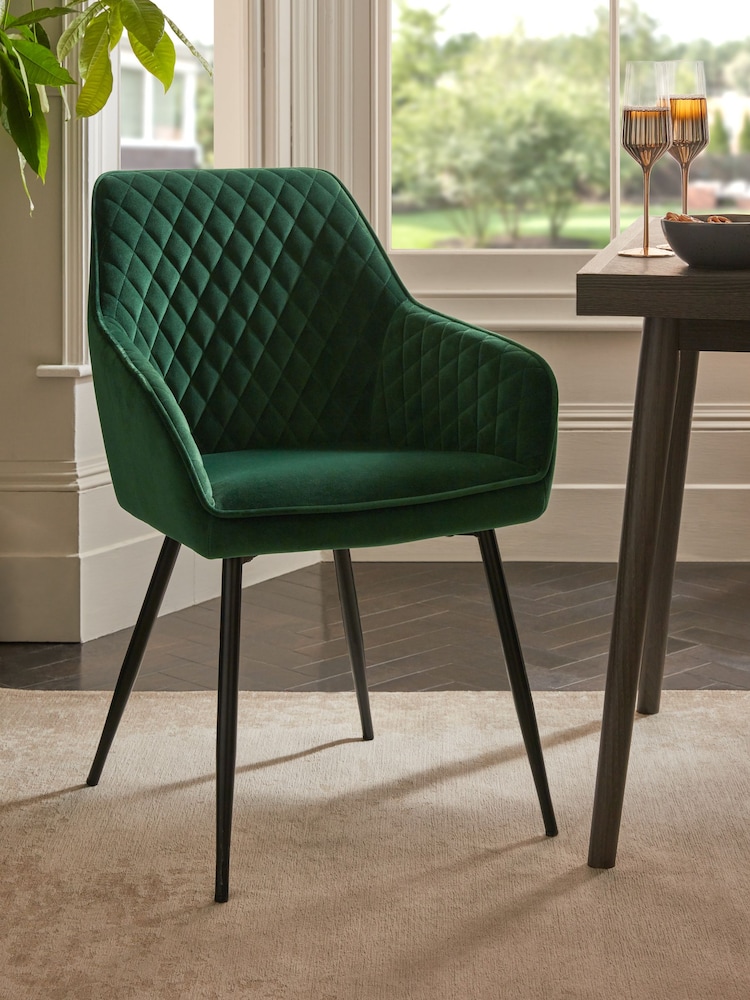 Set of 2 Soft Velvet Emerald Green Hamilton Black Leg Quilted Dining Chairs - Image 2 of 10
