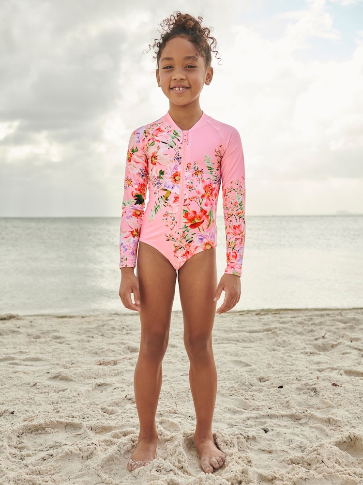 Pink Placement Floral Long Sleeved Swimsuit (3-16yrs) - Image 2 of 6