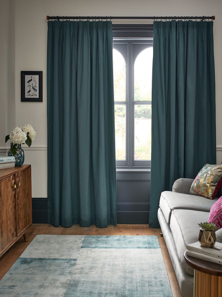 Blue Dark Teal Cotton Blackout/Thermal Pencil Pleat Curtains - Image 1 of 6
