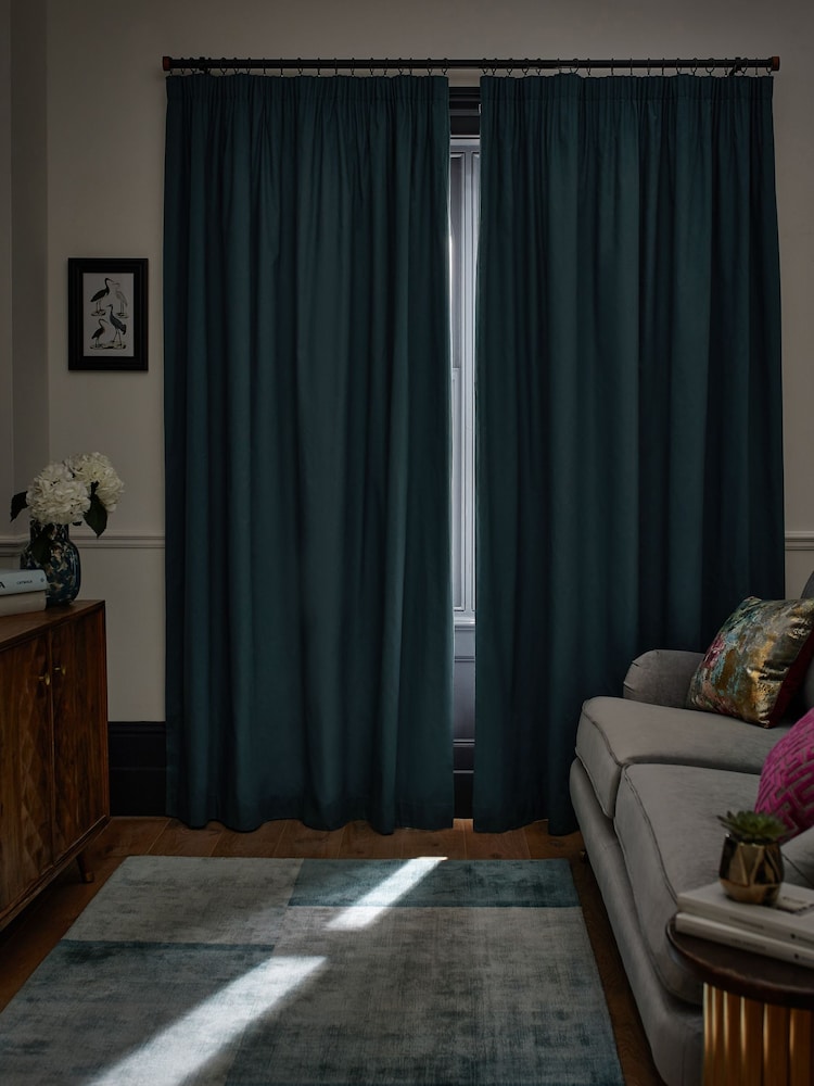Blue Dark Teal Cotton Blackout/Thermal Pencil Pleat Curtains - Image 1 of 7
