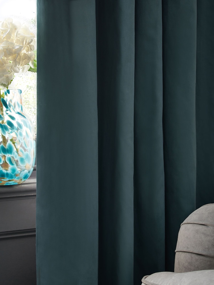 Blue Dark Teal Cotton Blackout/Thermal Pencil Pleat Curtains - Image 2 of 7