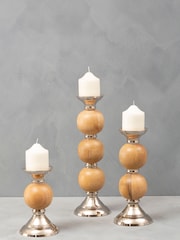 Fifty Five South Silver Hampstead Pillar Brass/Wood Candle Holder - Image 1 of 4
