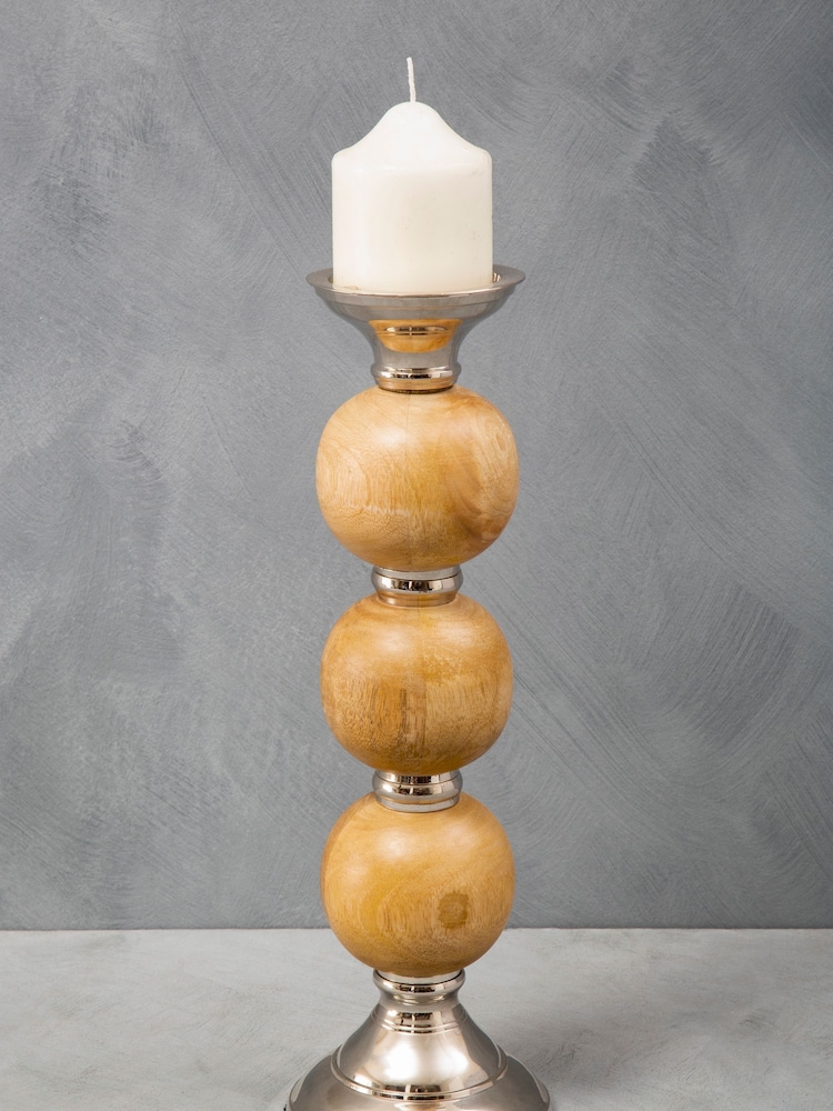 Fifty Five South Silver Hampstead Pillar Brass/Wood Candle Holder - Image 3 of 4