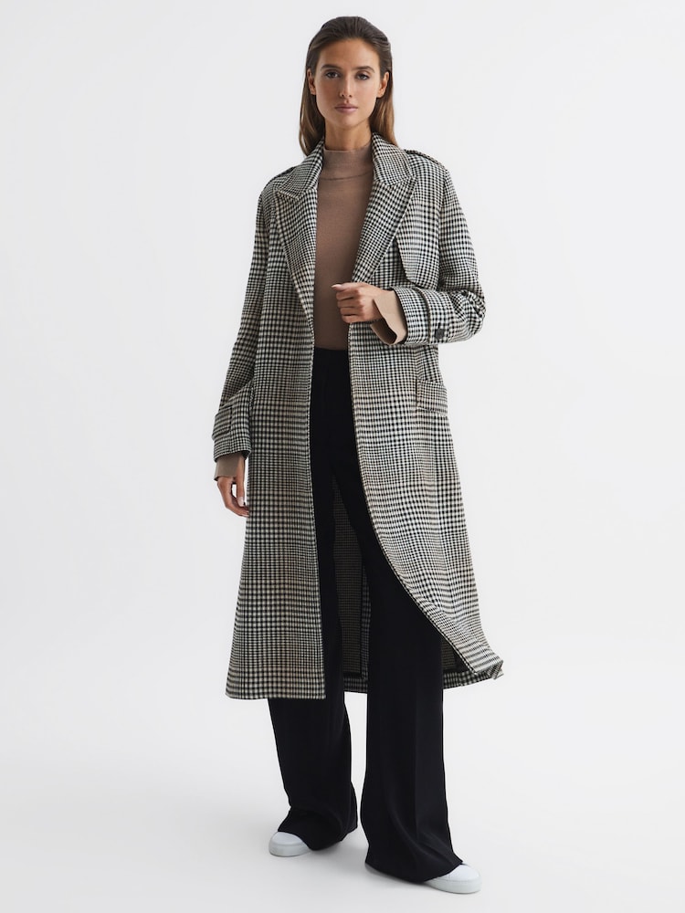 Reiss Black/White Nara Wool Blend Checked Trench Overcoat - Image 1 of 8