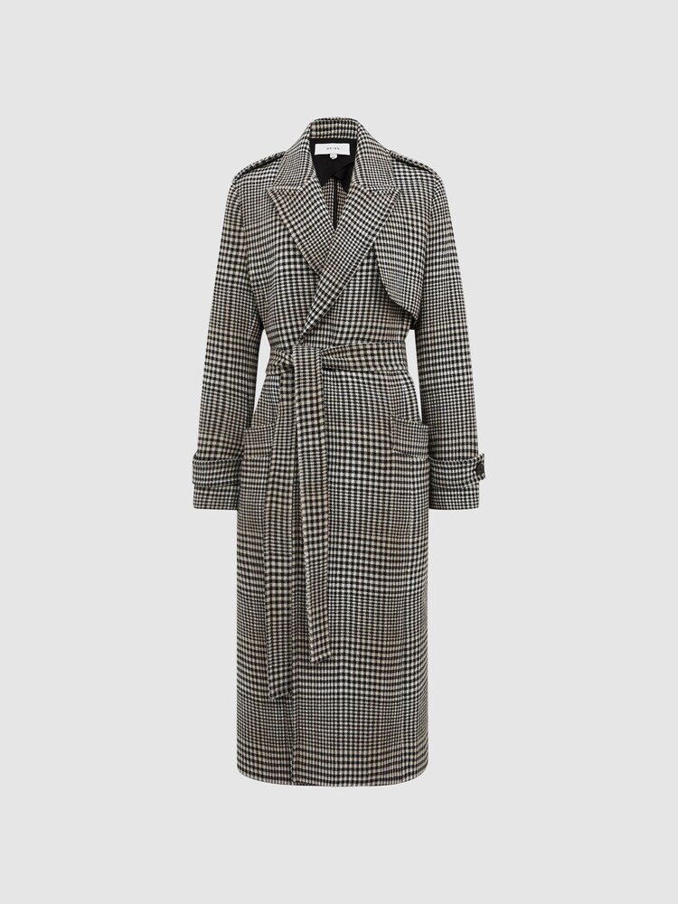 Reiss Black/White Nara Wool Blend Checked Trench Overcoat - Image 2 of 8