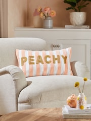 Peach Pink 50 x 30cm Velvet Stipe Sunshine Slogan Oblong Cushion - Image 1 of 5