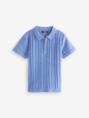 Blue Knitted Short Sleeve Textured Zip Neck Polo Shirt (3mths-7yrs) - Image 1 of 6