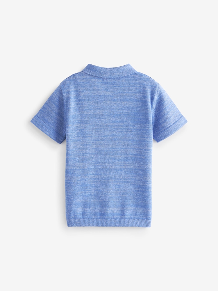 Blue Knitted Short Sleeve Textured Zip Neck Polo Shirt (3mths-7yrs) - Image 2 of 6