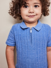 Blue Knitted Short Sleeve Textured Zip Neck Polo Shirt (3mths-7yrs) - Image 6 of 6