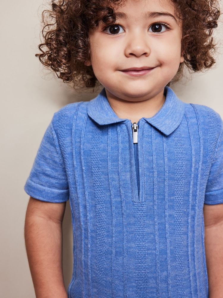 Blue Knitted Short Sleeve Textured Zip Neck Polo Shirt (3mths-7yrs) - Image 6 of 6