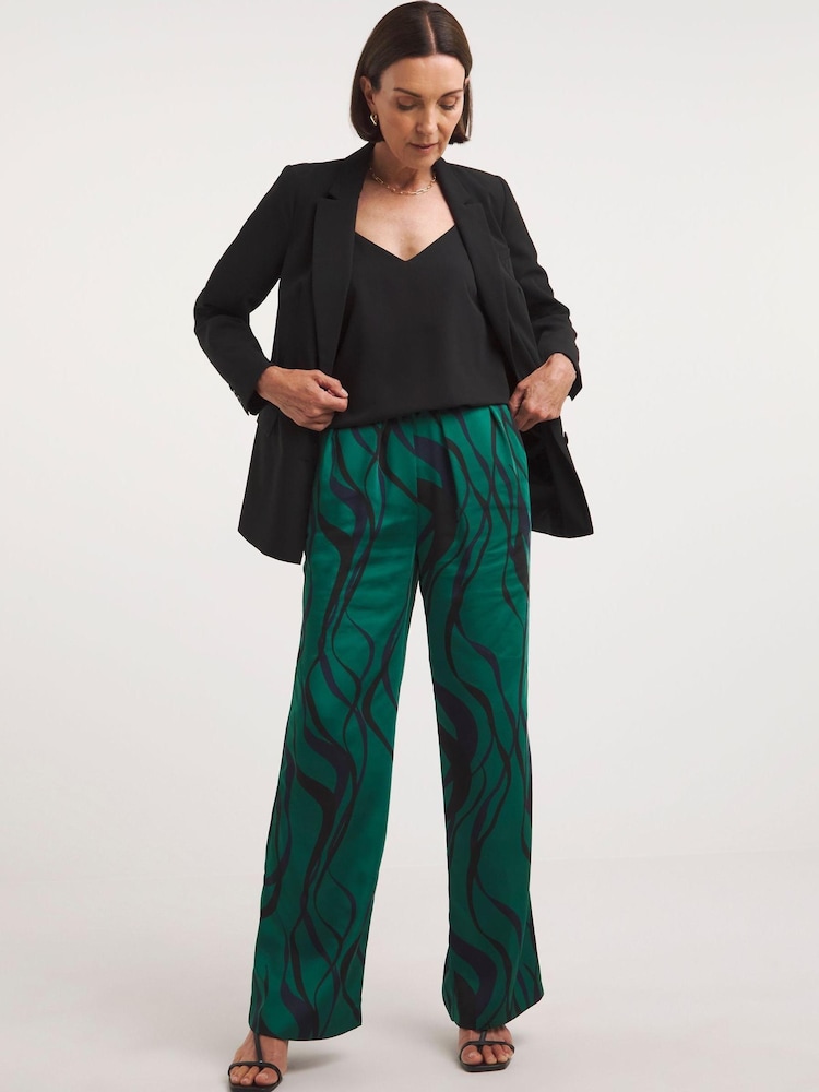 JD Williams Green Swirl Printed Satin Wide Leg Trousers - Image 1 of 4