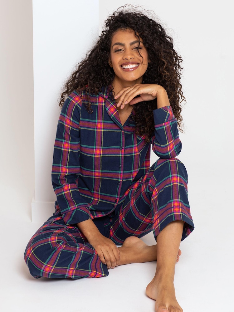 Pour Moi Navy Blue Multi Floral Cosy Check Brushed 100% Cotton Pyjamas Gift Set - Image 3 of 5