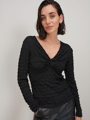 Charcoal Grey Long Sleeve Twist Front Textured Top - Image 1 of 5