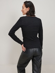 Charcoal Grey Long Sleeve Twist Front Textured Top - Image 2 of 5