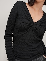 Charcoal Grey Long Sleeve Twist Front Textured Top - Image 3 of 5