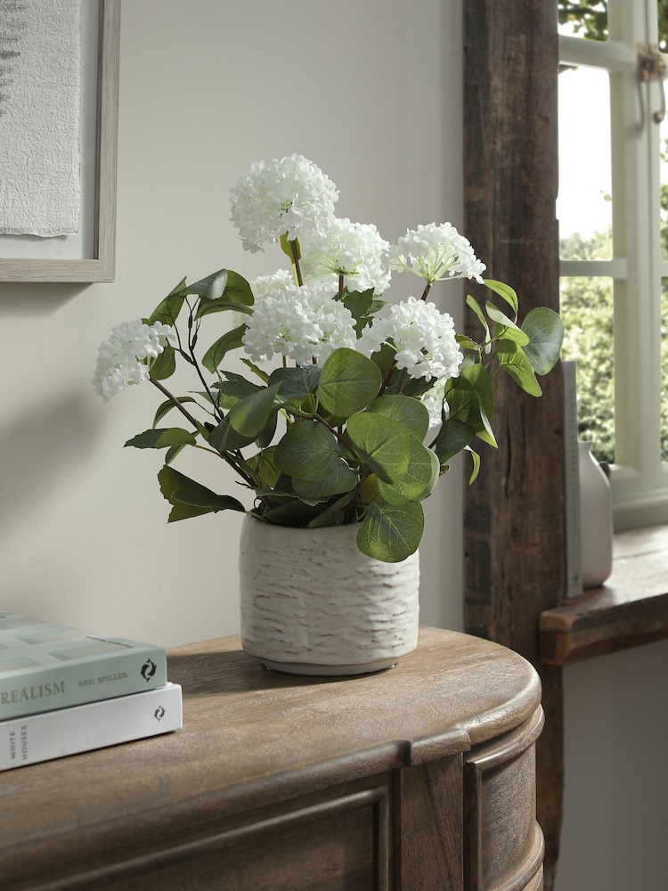 White Artificial Vibernum Plant In Country Pot - Image 1 of 3