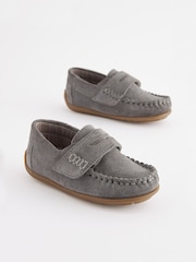 Grey Standard Fit (F) Leather Penny Loafers with Touch and Close Fastening - Image 1 of 5