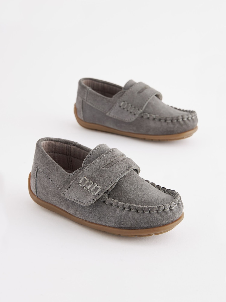 Grey Standard Fit (F) Leather Penny Loafers with Touch and Close Fastening - Image 1 of 5 Grey Standard Fit (F) Leather Penny Loafers with Touch and Close Fastening - Image 1 of 5